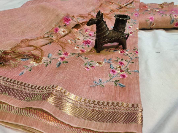 Pure Handwoven Silk By Linen Saree With Embroidery Work