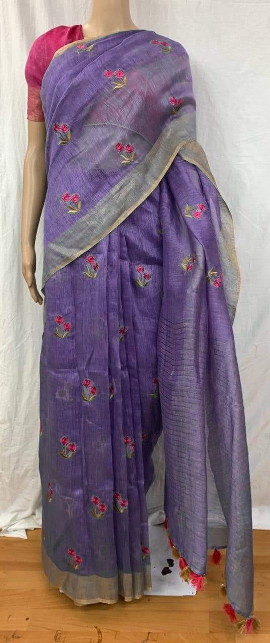 Pure Handwoven Silk By Linen Saree With Embroidery Work