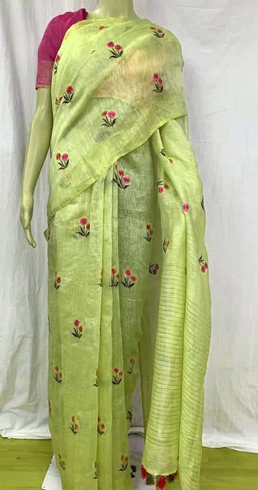 Pure Handwoven Silk By Linen Saree With Embroidery Work.