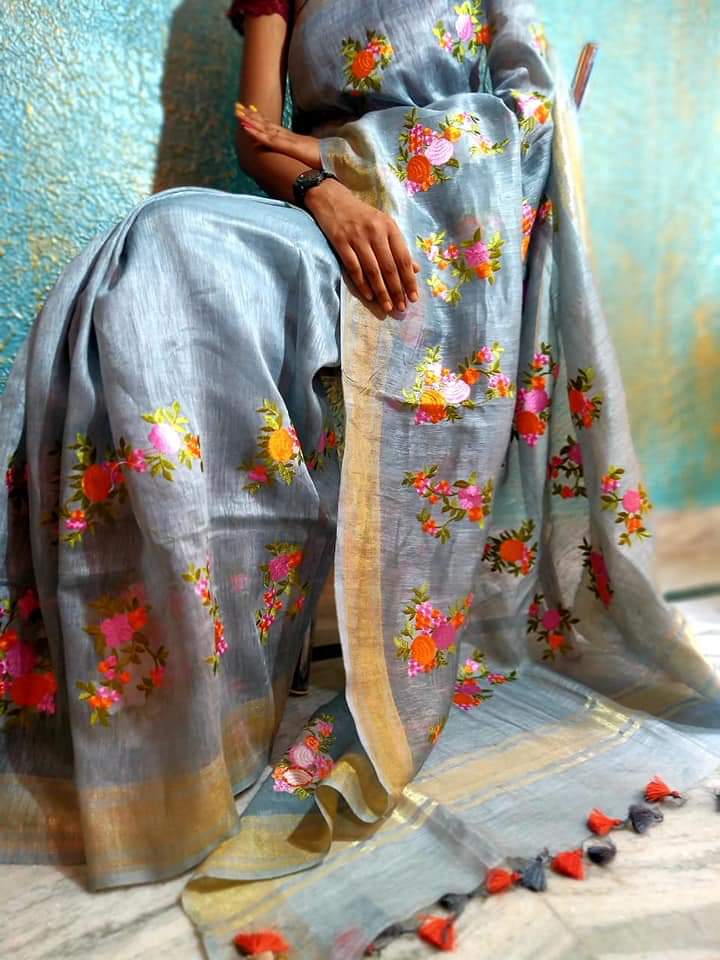 Pure Handwoven Silk By Linen Saree With Embroidery Work