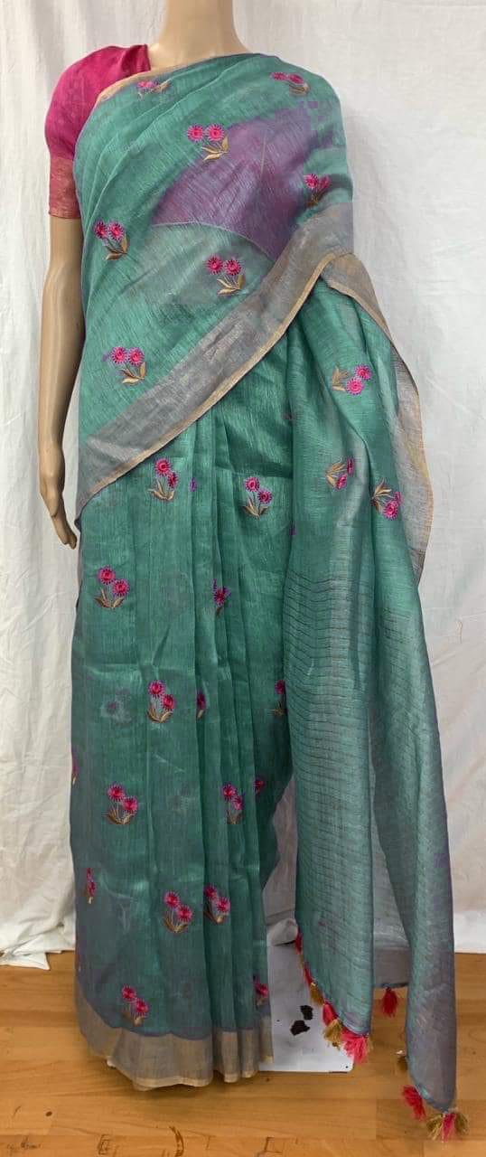 Pure Handwoven Silk By Linen Saree With Embroidery Work.