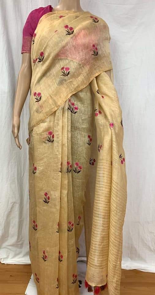 Pure Handwoven Silk By Linen Saree With Embroidery Work.