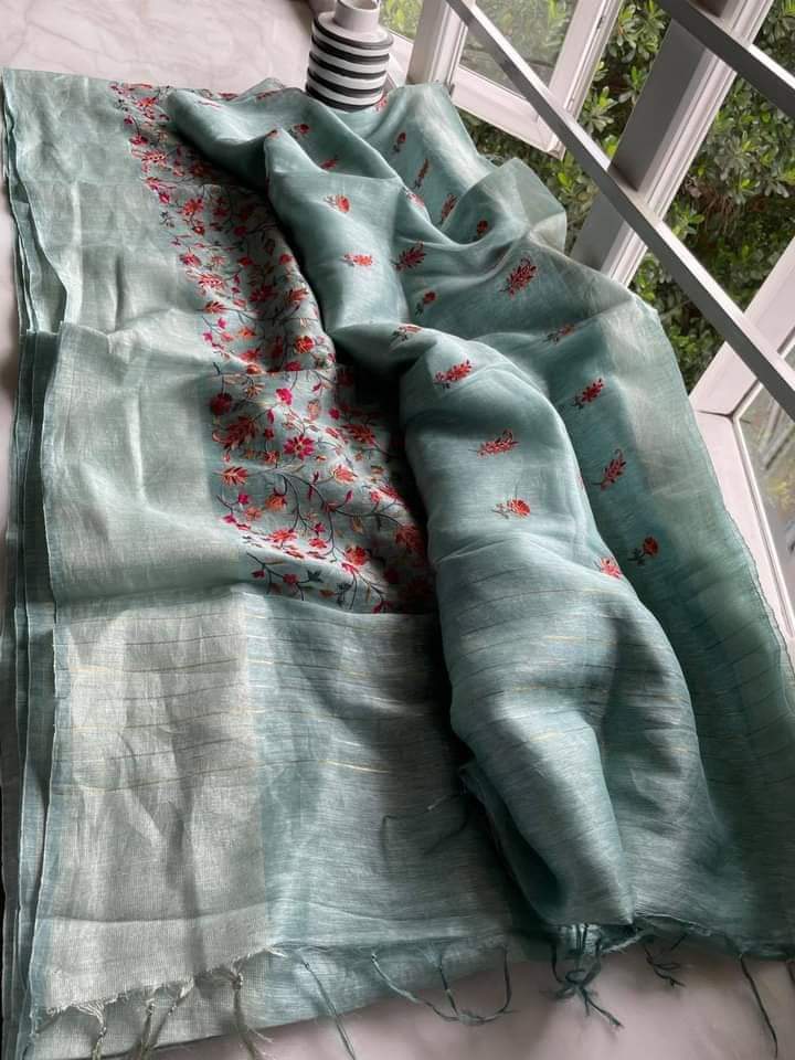 Pure Handwoven Silk By Linen Saree With Embroidery Work.