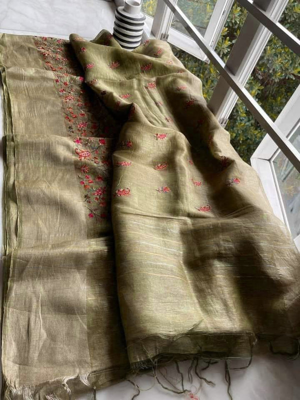 Pure Handwoven Silk By Linen Saree With Embroidery Work.