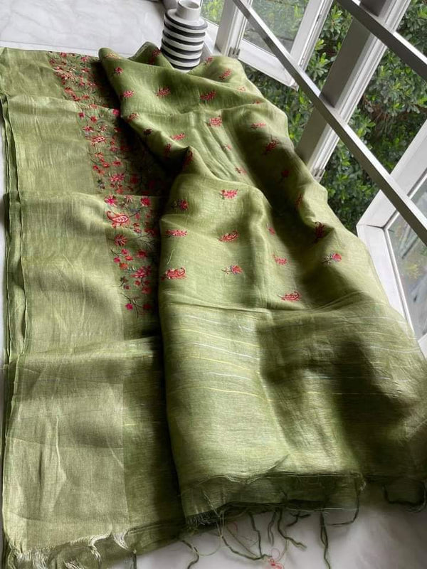 Pure Handwoven Silk By Linen Saree With Embroidery Work.