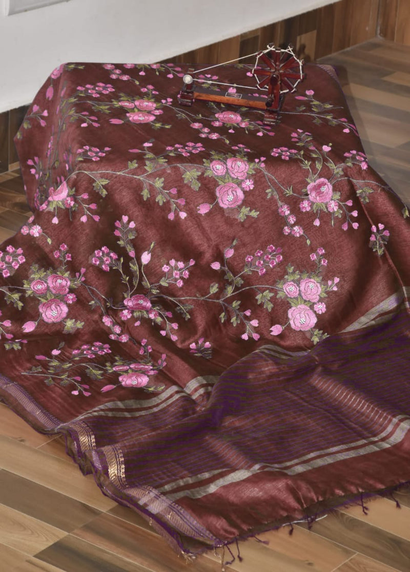 Pure Handwoven Silk By Linen Saree With Embroidery Work.