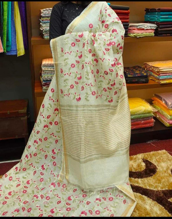 Pure Handwoven Silk By Linen Saree With Embroidery Work.