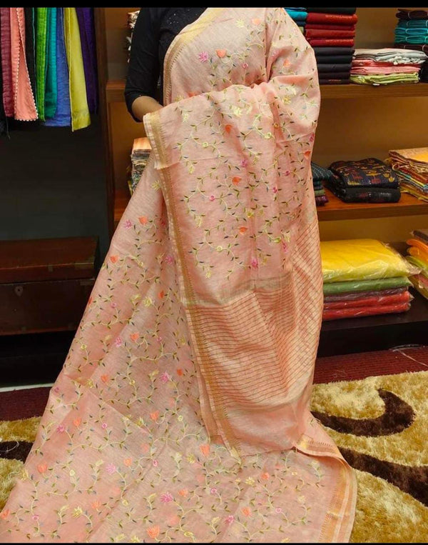 Pure Handwoven Silk By Linen Saree With Embroidery Work.