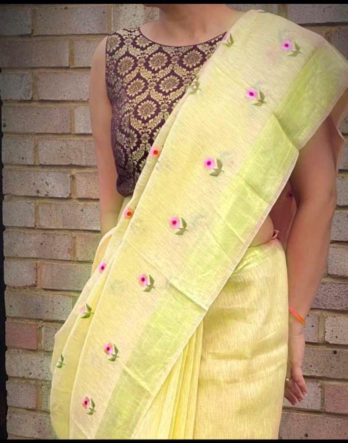 Pure Handwoven Silk By Linen Saree With Embroidery Work.