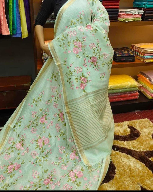 Pure Handwoven Silk By Linen Saree With Embroidery Work.