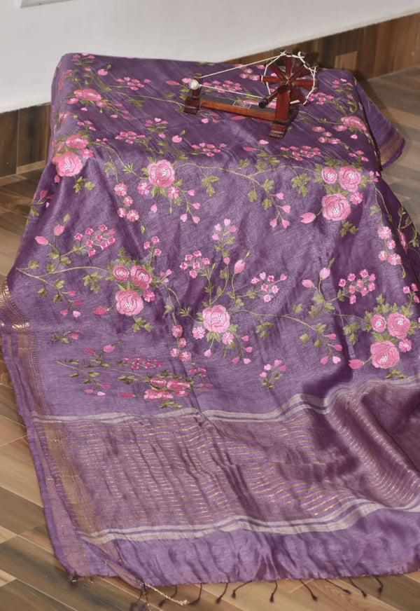 Pure Handwoven Silk By Linen Saree With Embroidery Work.