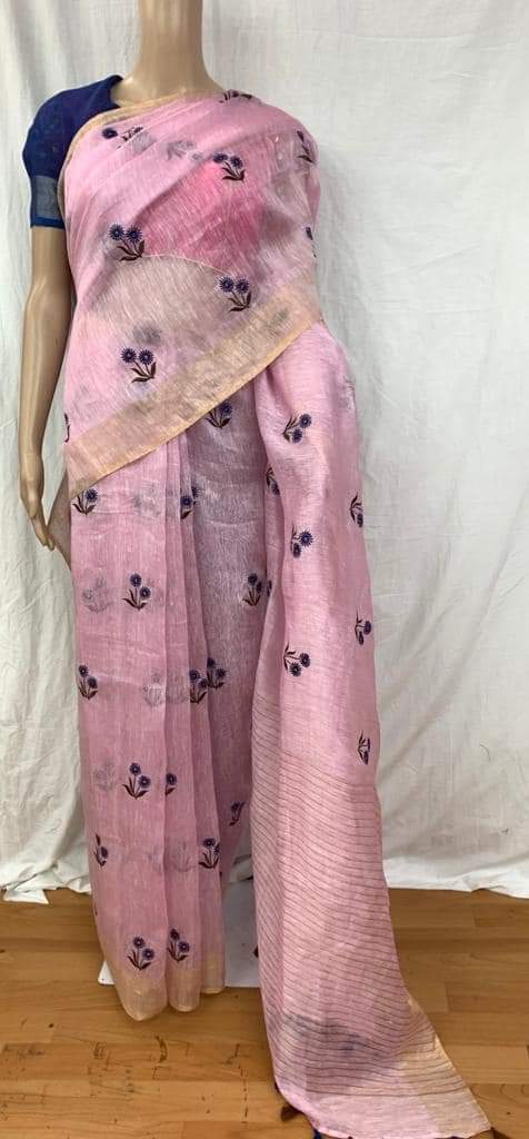 Pure Handwoven Silk By Linen Saree With Embroidery Work.