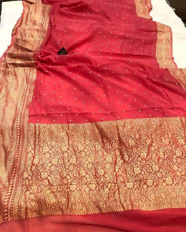 Pure Banarasi Khaddi Georgette Heavy  Border Weaved Saree . ( length- 6.3 meter )