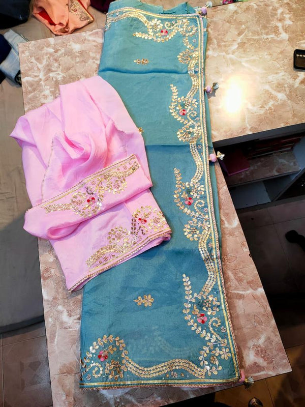 Pure Uppada Silk Gotta Patti work Saree With Blouse.(6.3metr)