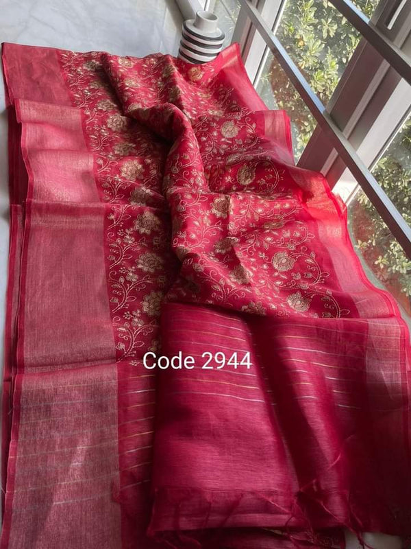 Pure Handwoven Silk By Linen Saree With Embroidery Work