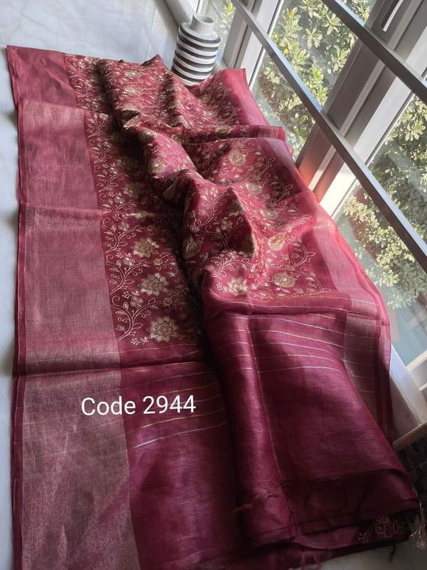 Pure Handwoven Silk By Linen Saree With Embroidery Work