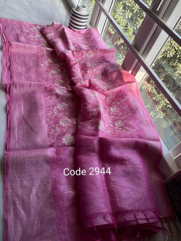 Pure Handwoven Silk By Linen Saree With Embroidery Work