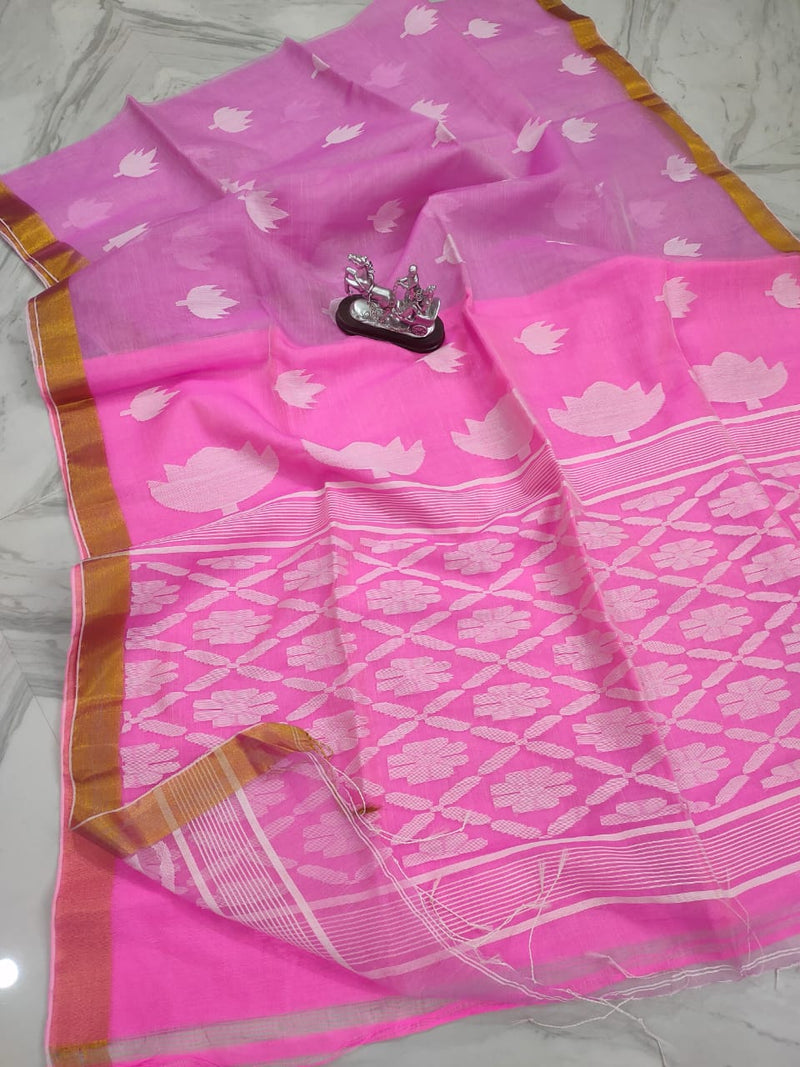 Pink Color Pure Muslin Jamdani Hand Weaved Soft Texture Saree With Blouse