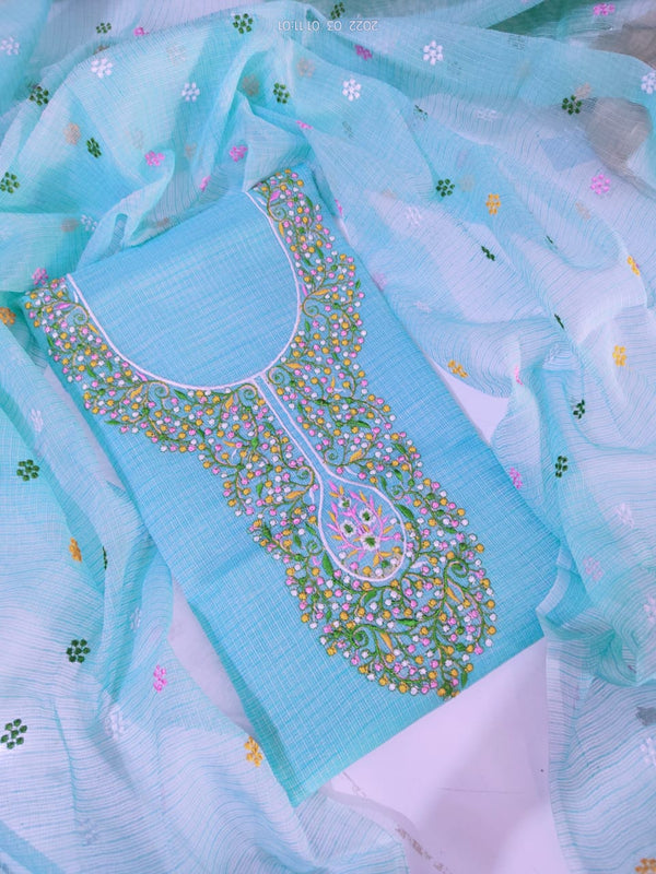 Pure Cotton Kota Doriya Embroidery Unstitched Suit With Dupatta