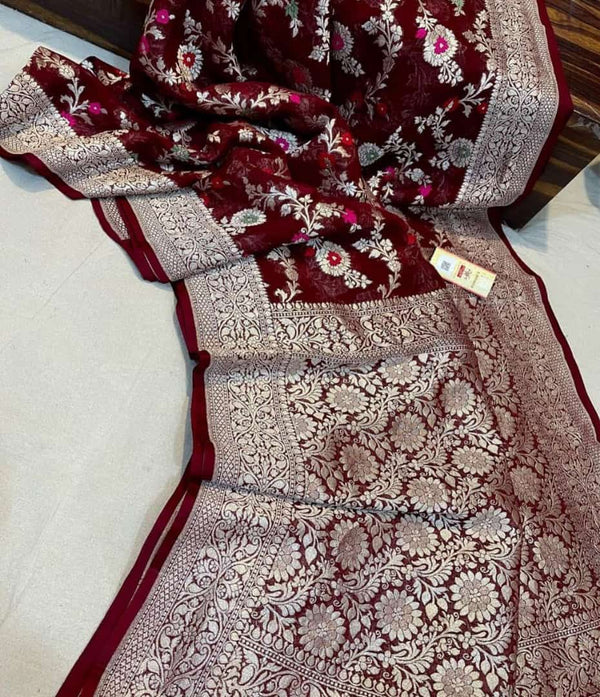 Pure Banarasi Handloom Khaddi Georgette Silk Saree With Beautiful Zari Work