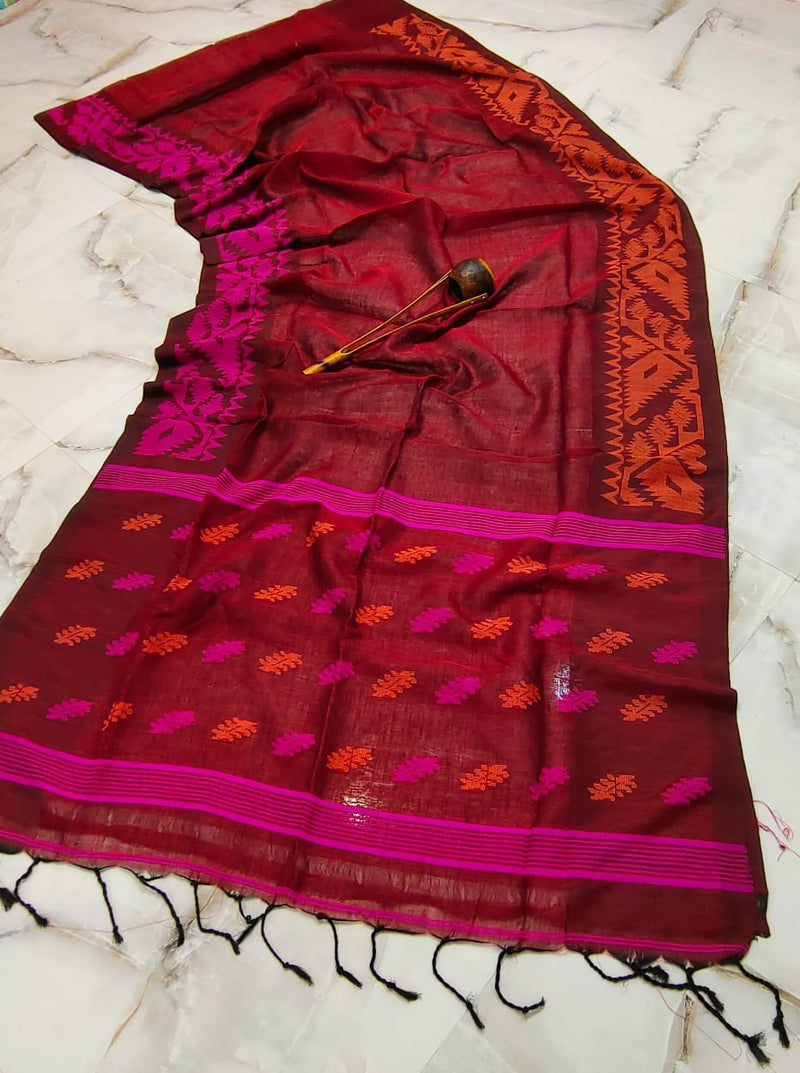 Pure Handloom Linen Silk  Saree With Blouse. ( Length- 6.3 meter )