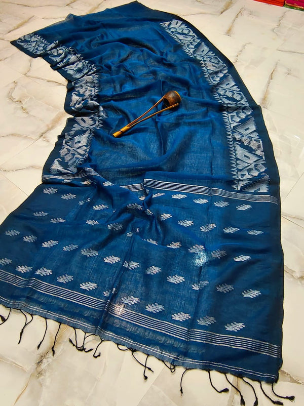 Pure Handloom Linen Silk  Saree With Blouse. ( Length- 6.3 meter )