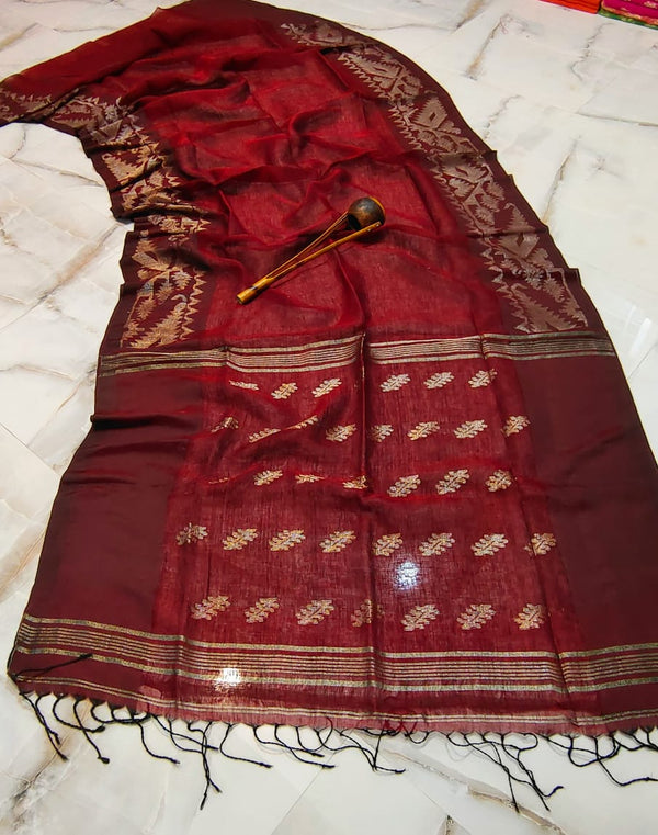 Pure Handloom Linen Silk  Saree With Blouse. ( Length- 6.3 meter )