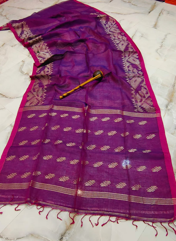 Pure Handloom Linen Silk  Saree With Blouse. ( Length- 6.3 meter )