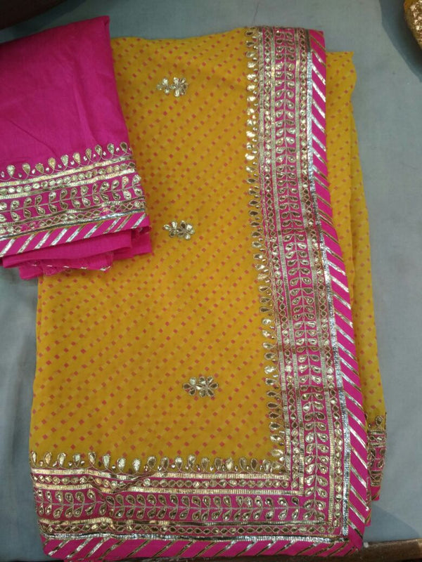 Pure Georgette Lahriya & Bandhej Mothara Print Hand Gotta Patti Work Saree With Blouse.(6.3Metr)