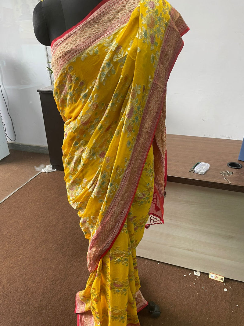 Yellow Color Pure Khaddi Georgette Saree with Full jaal and water Zari work