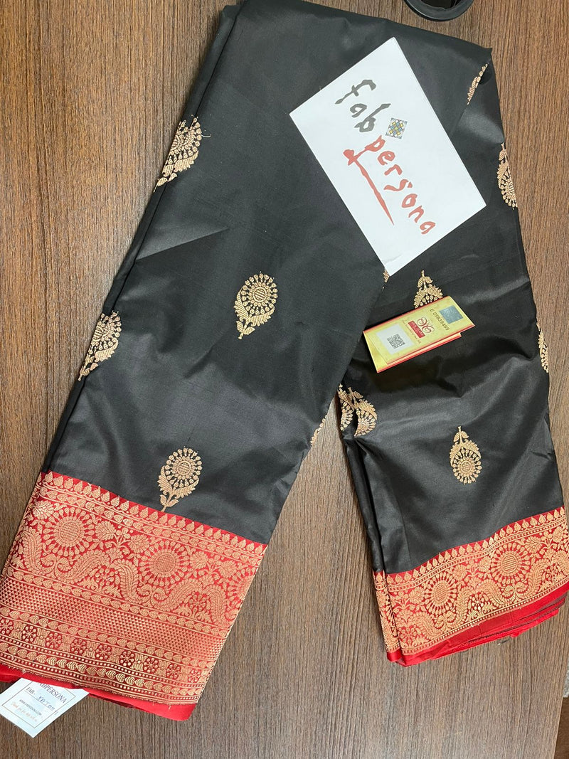 Black Color Pure Katan Silk Saree With Antique Zari Work ( Silk Mark Certified)