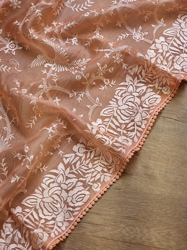 Pure Organza Silk Saree With Parsi Gaara Work.