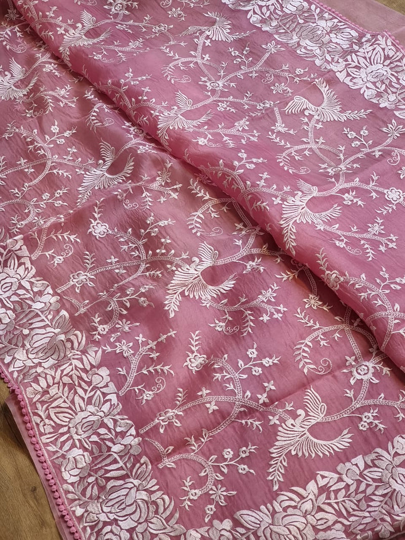 Pure Organza Silk Saree With Parsi Gaara Work.