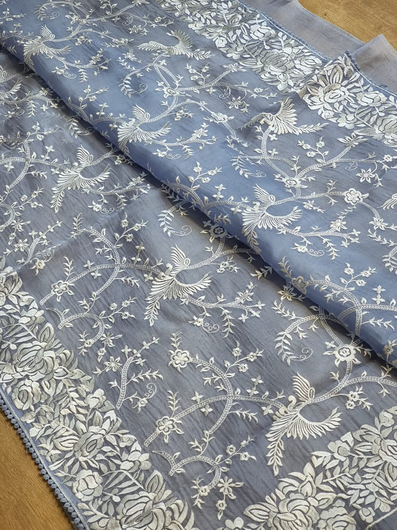 Pure Organza Silk Saree With Parsi Gaara Work.