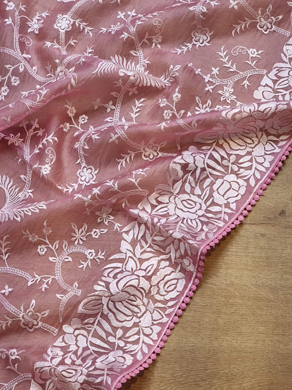 Pure Organza Silk Saree With Parsi Gaara Work.