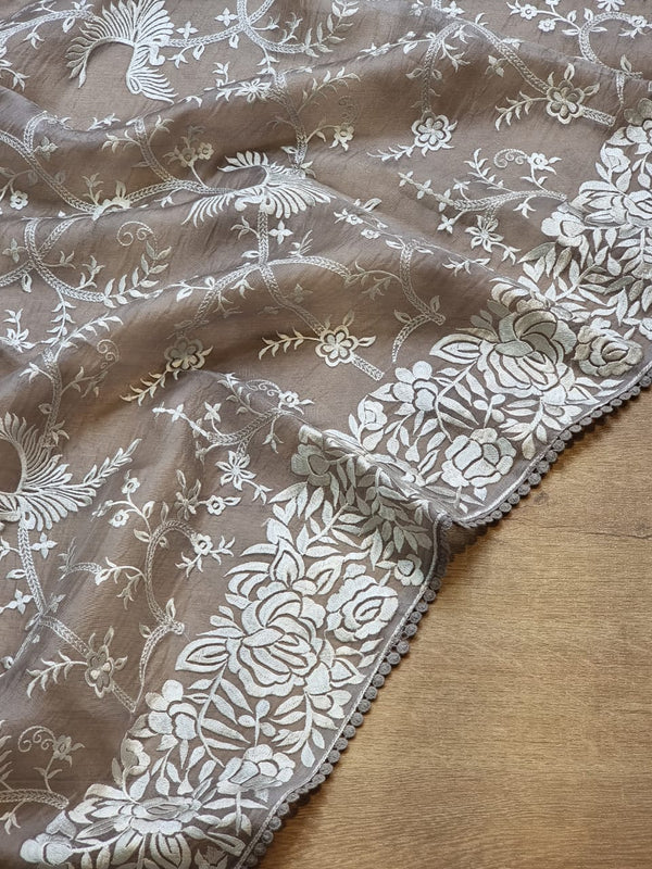 Pure Organza Silk Saree With Parsi Gaara Work.