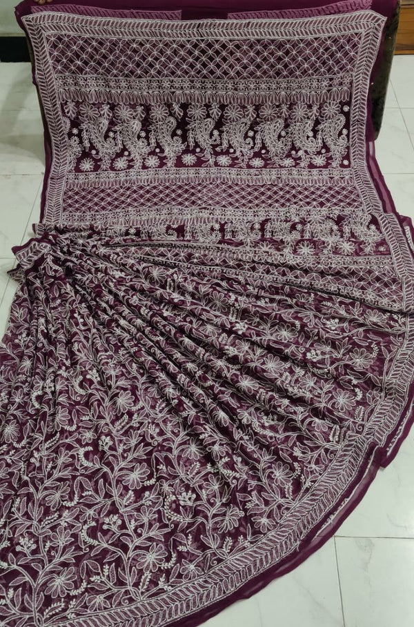 Pure Chiffon Georgette All Over Chikankari Saree With Heavy Hand Work Embroidery