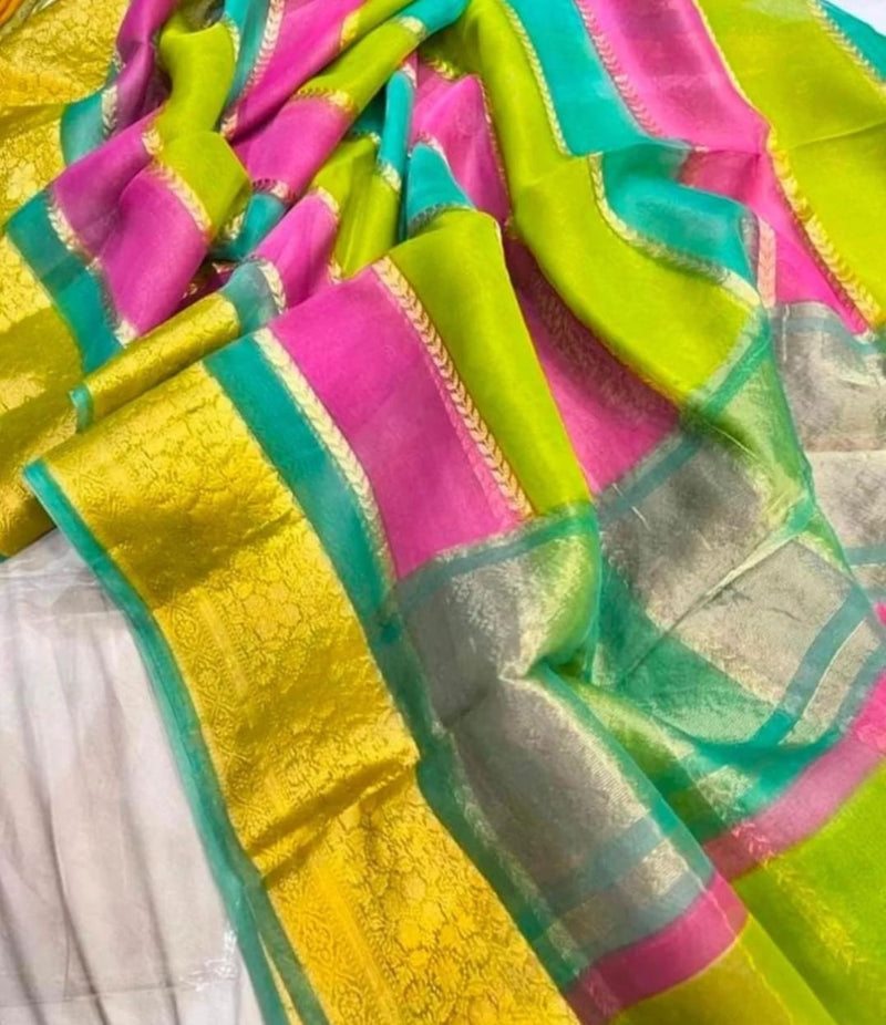 Semi Kora Organza Silk Allover Zari Lining Saree With With Blouse