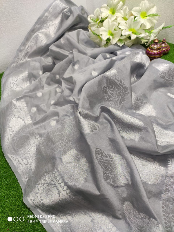 Semi Chiffon Georgette Silk Silver Zari Work Saree With Blouse.