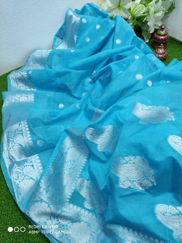 Semi Chiffon Georgette Silk Silver Zari Work Saree With Blouse.