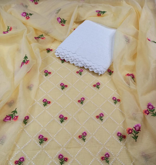 Pure Cotton Kota Doriya Hand Embroidery Unstitched Suit With Chikankari Bottom.