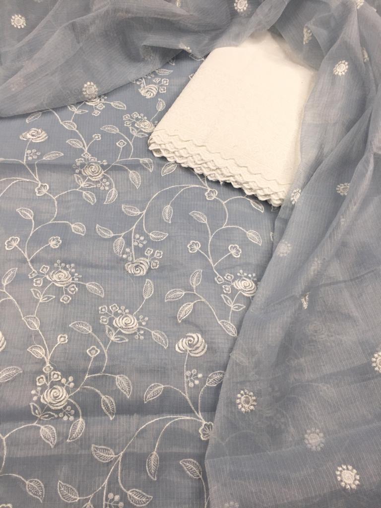 Pure Cotton Kota Doriya Hand Embroidery Unstitched Suit With Chikankari Bottom.