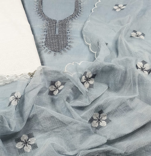 Pure Cotton Kota Doriya Hand Embroidery Unstitched Suit With Chikankari Bottom.