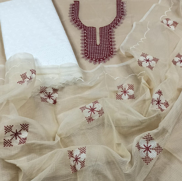 Pure Cotton Kota Doriya Hand Embroidery Unstitched Suit With Chikankari Bottom.