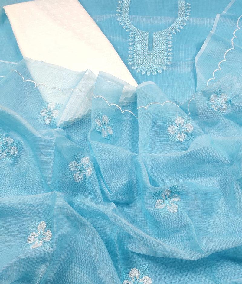 Pure Cotton Kota Doriya Hand Embroidery Unstitched Suit With Chikankari Bottom.