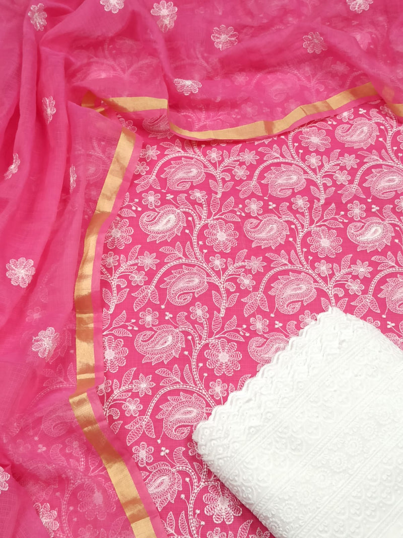 Pure Cotton Kota Doriya Hand Embroidery Unstitched Suit With Chikankari Bottom.