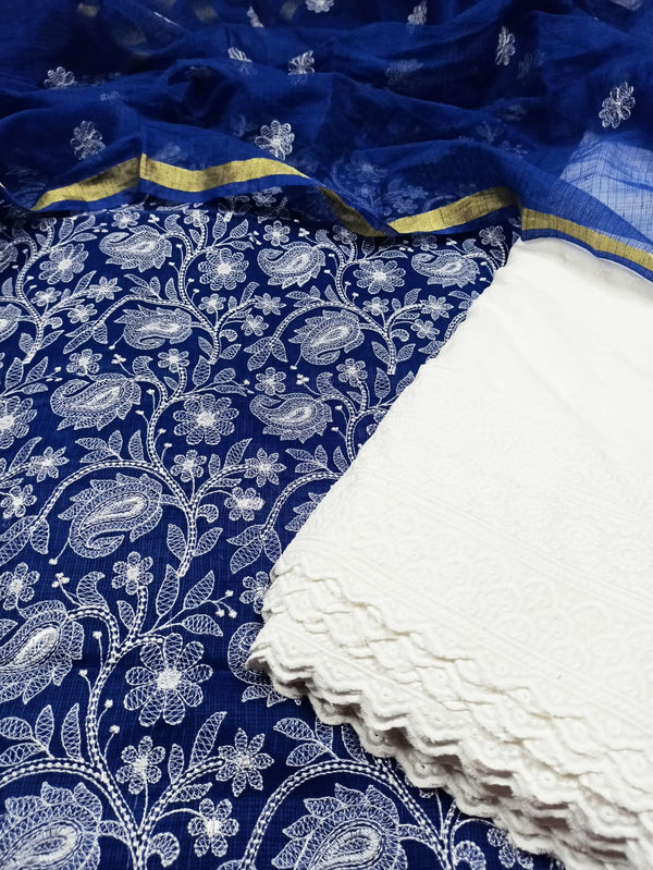 Pure Cotton Kota Doriya Hand Embroidery Unstitched Suit With Chikankari Bottom.