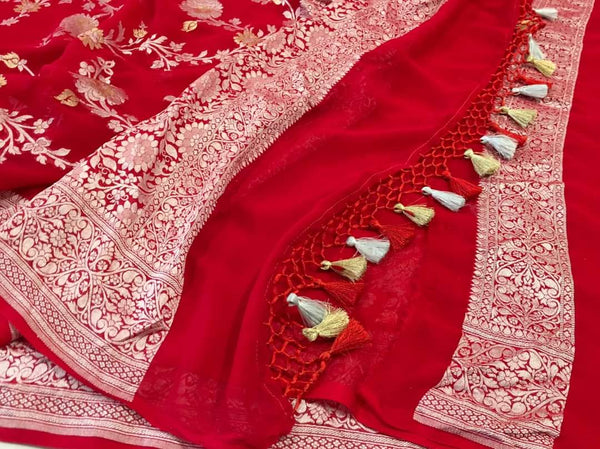 Pure Banarasi  Khaddi Georgette Silk Saree With Silver And Gold Zari Work