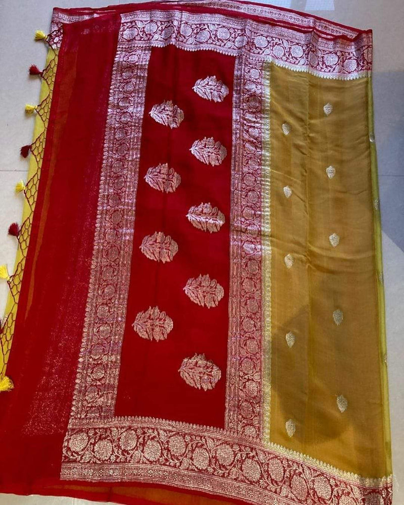 Pure Hand loom  Khaddi Chiffon Georgette Saree with Silver Zari Weaving blouse  ( length- 6.3 meter )