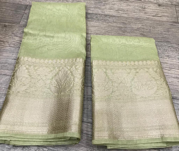 Pure Banarasi Linen Silk Border Saree with contrast Blouse ( length- 6.3 meter )